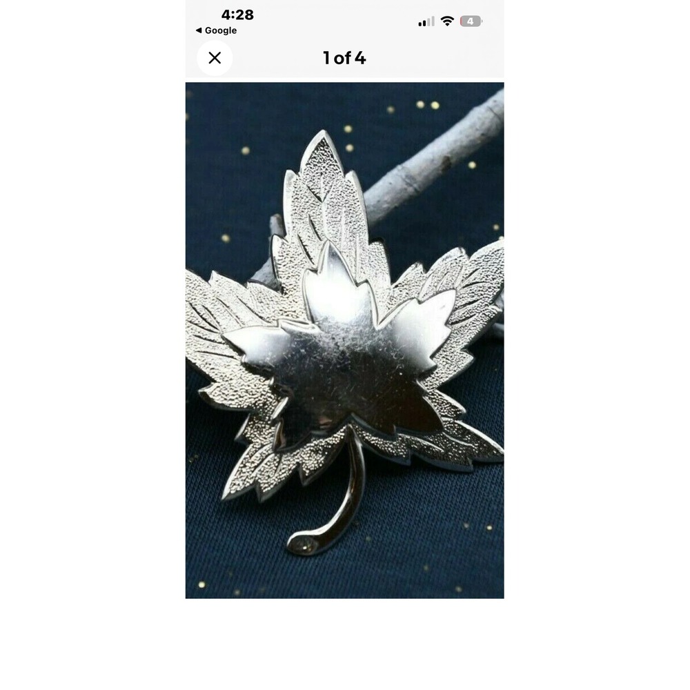 Monet Vintage Silver Tone Layered Maple Leaf Brooch Pin Textured Polished Finish
